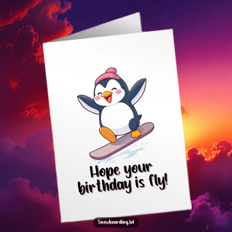Funny Free Printable Birthday Card: A playful penguin attempting a wild snowboard jump, arms comically flailing.