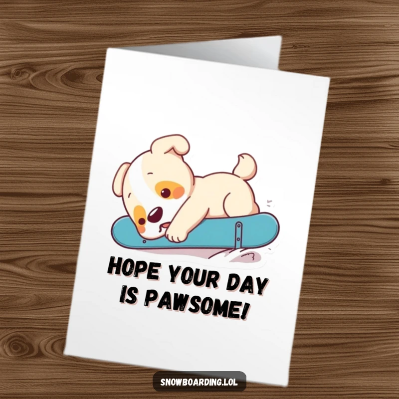 Funny Free Printable Birthday Card: A playful puppy comically tumbles after a failed snowboard trick, perfect for birthday wishes.