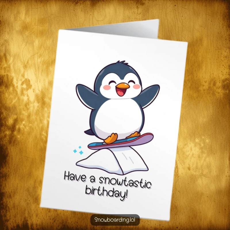 Funny Free Printable Birthday Card: Joyful Penguin Mid-Air Snowboard Jump off a Ramp, Ready to Party
