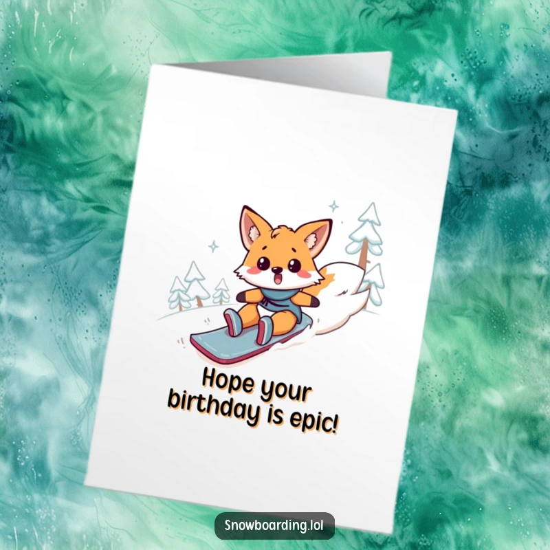 Funny Free Printable Birthday Card: A surprised fox comically tumbles headfirst down a snowy mountain on a snowboard, sending birthday wishes.