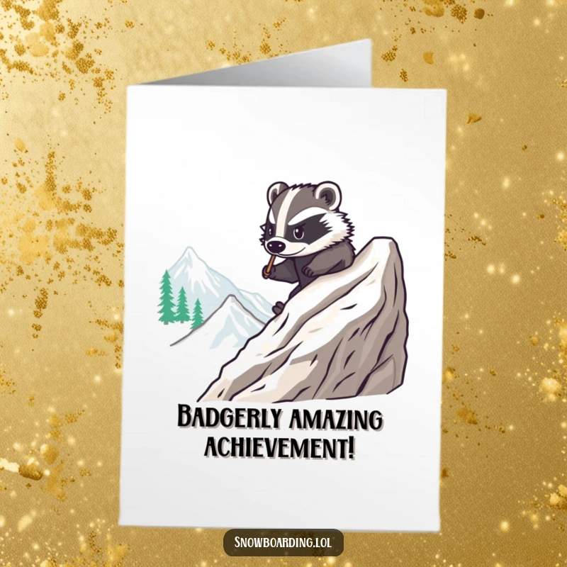 Funny Free Printable Congratulations Card: A brave badger masterfully carves smooth turns down a mountain on a snowboard, embodying skill.