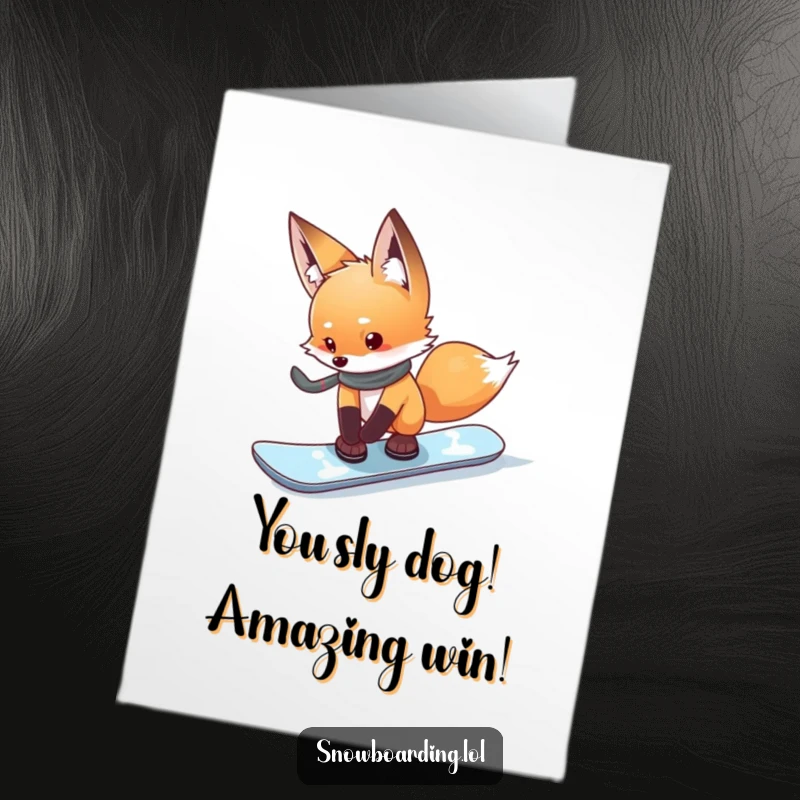 Funny free printable congratulations card showing a curious fox cautiously feeling the edge of its snowboard, ready for a new challenge.