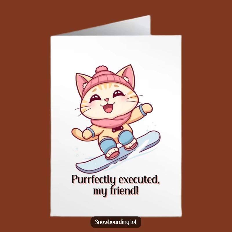 Free Printable Congrats Card: Cat Snowboarding Turn for Celebrating Epic Wins