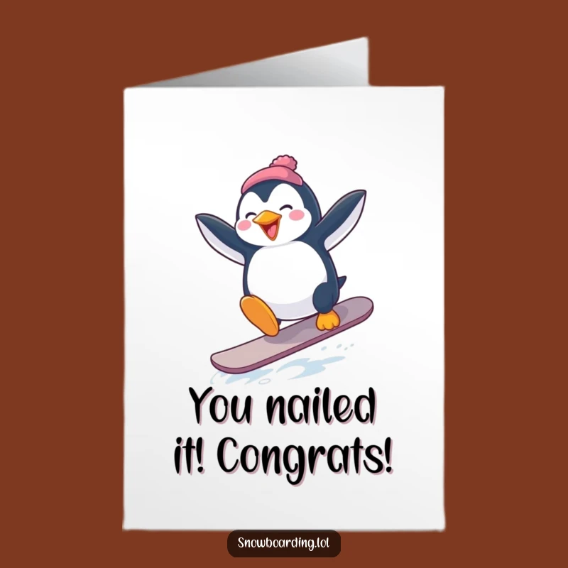 Free Printable Congrats Card: Penguin Snowboard Jump - Downloadable Celebration