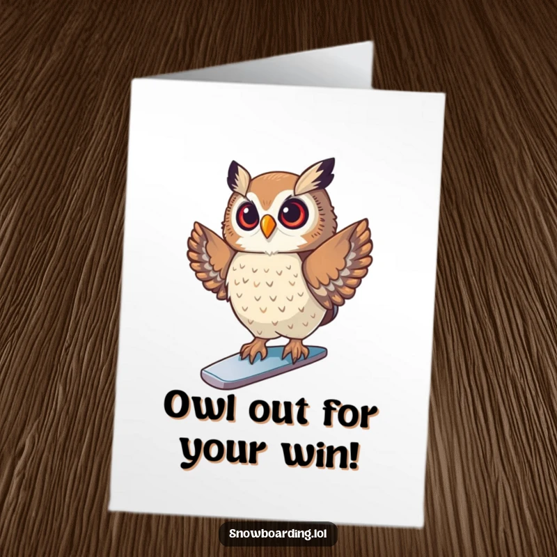Funny Free Printable Owl Congratulations Card: Proud owl on a snowboard, celebrating a successful and thrilling accomplishment.