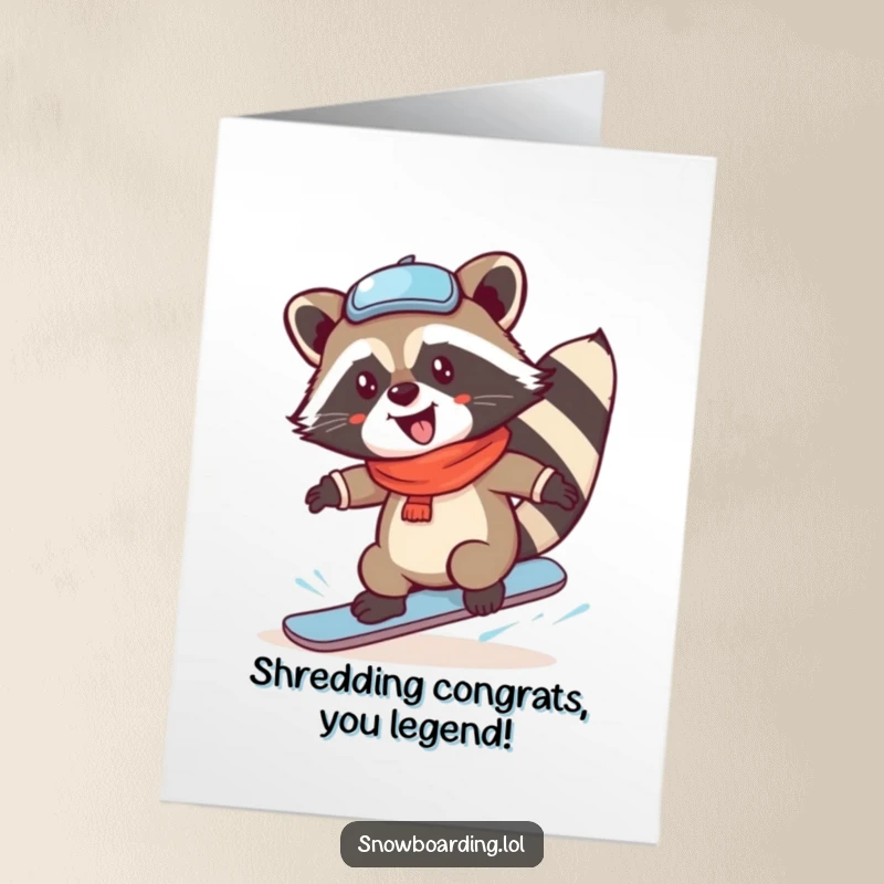 Free printable congratulations card featuring a joyful raccoon executing a thrilling snowboard spin, celebrating a big achievement.