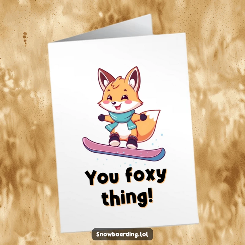 Funny Free Printable Congratulations Card: Smiling fox doing a playful jump on a snowboard, celebrating victory. Dynamic and humorous downloadable greeting.
