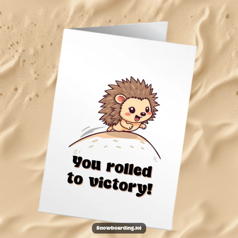 Funny Free Printable Congratulations Card: A very happy hedgehog zooms downhill at high speed.