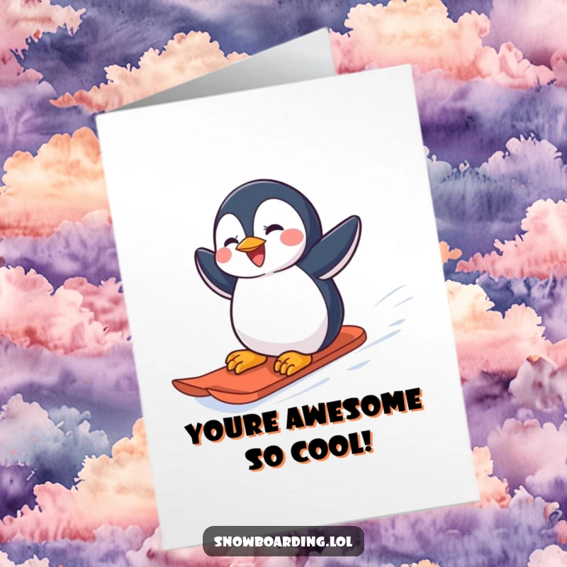 Funny Free Printable Congrats Card: A joyful penguin expertly carves down a snowy slope on a snowboard, celebrating your awesome achievement. Downloadable.