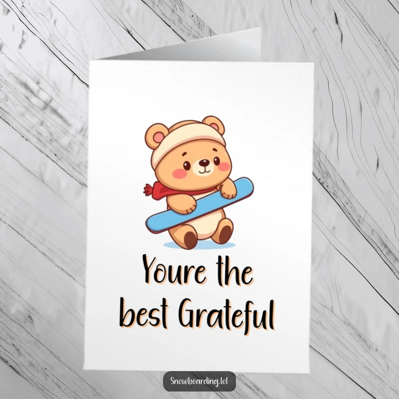 Funny Free Printable Thank You Card: A cute bear with steady paws balances a snowboard on its nose, sending thanks with charm. Downloadable.