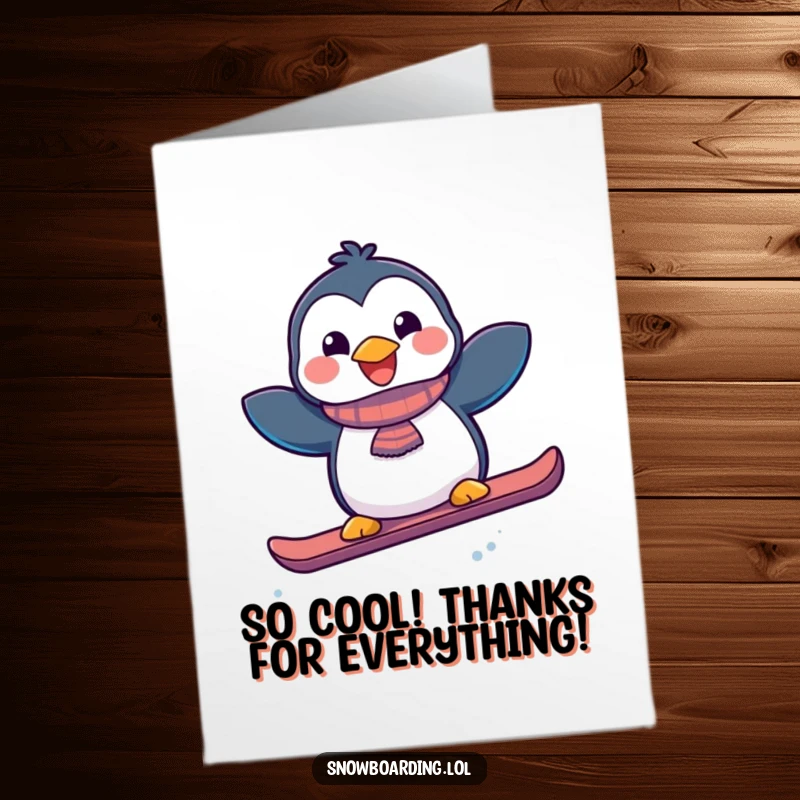 Funny free printable thank you card depicting a happy penguin joyfully jumping with a snowboard, conveying thanks.