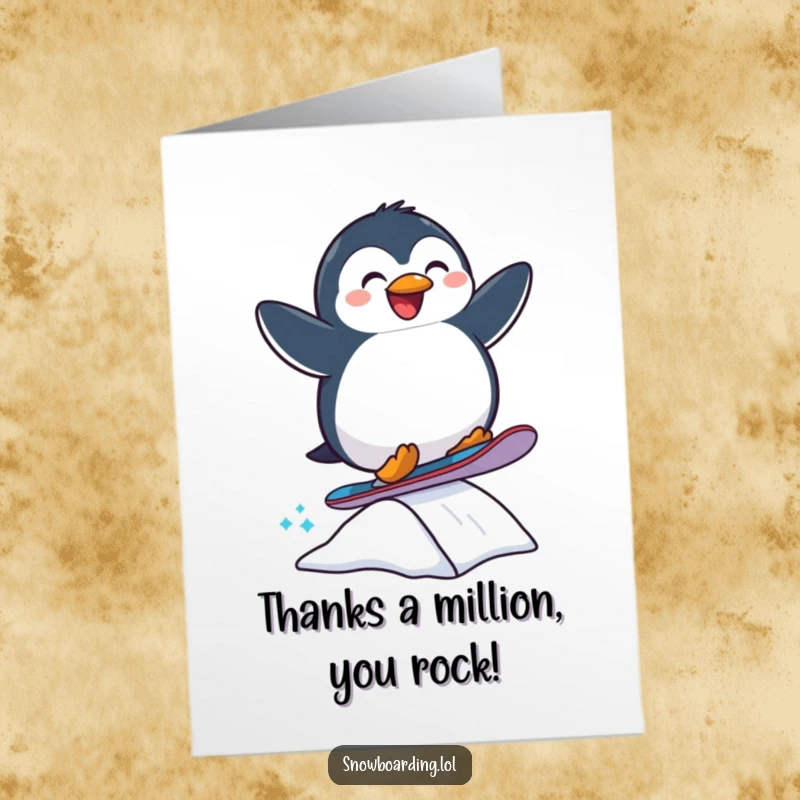 Funny Free Printable Thank You Card: Happy Penguin Doing a Snowboard Jump, Expressing Thanks with Flair