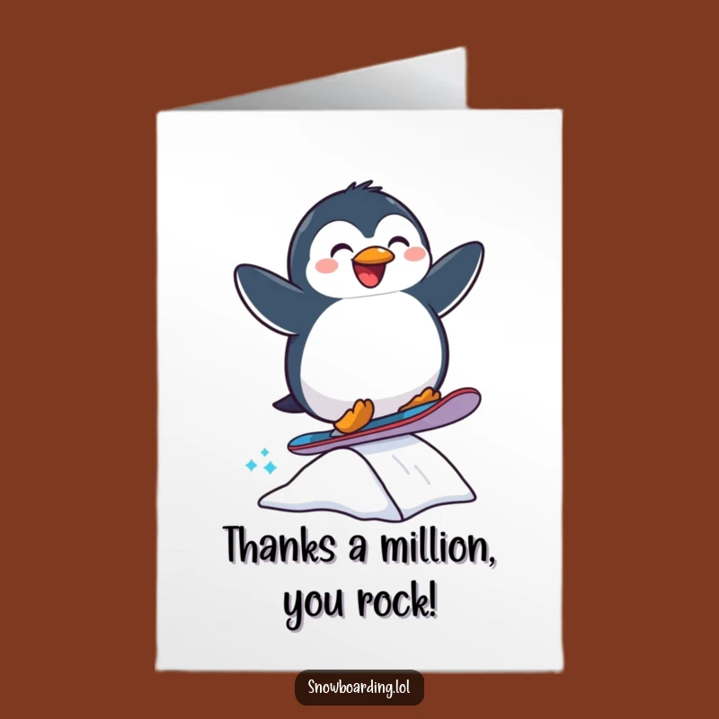 Free Printable Thank You Card: Penguin's Snowboard Jump of Gratitude for a Cool Friend