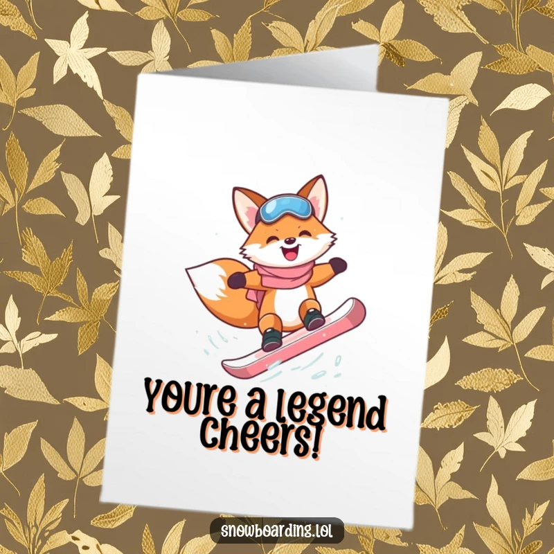 Funny Free Printable Thank You Card: A happy fox with a mischievous grin attempts a snowboard flip, sending extreme thanks. Downloadable.