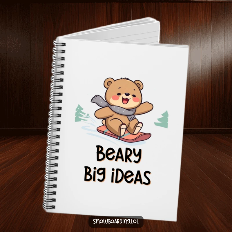 Funny notebook cover featuring a bear joyfully snowboarding down a snowy slope, ideal for notes and creative ideas.