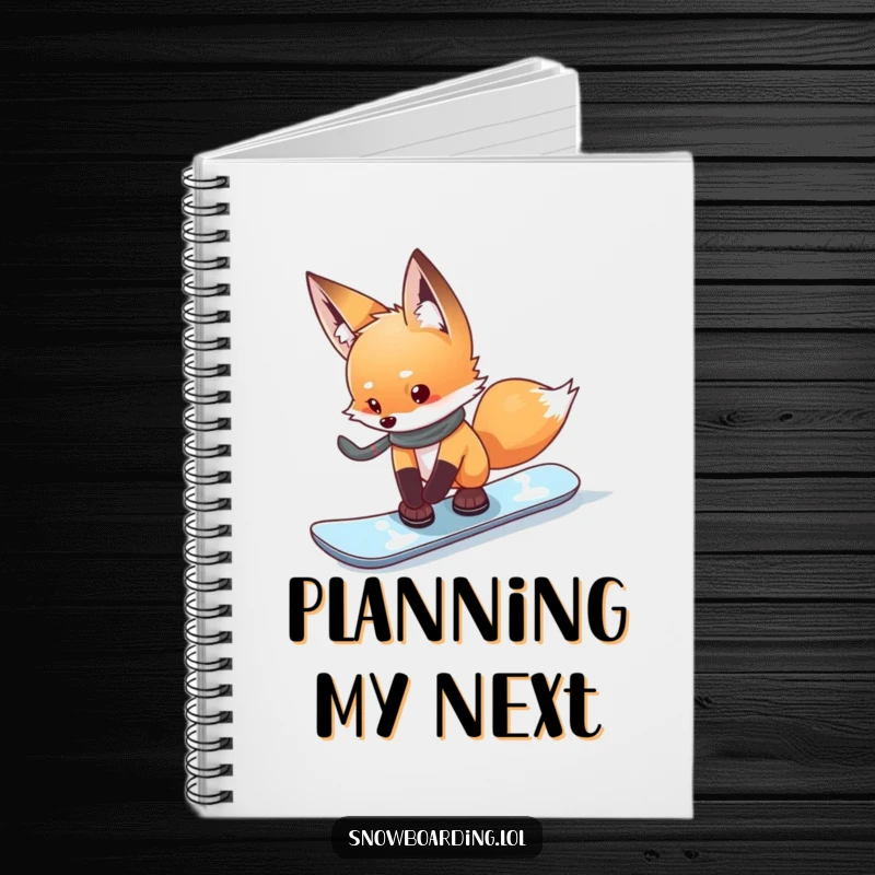 Funny curious fox cautiously testing its snowboard on a notebook cover, inspiring thoughtful note-taking.
