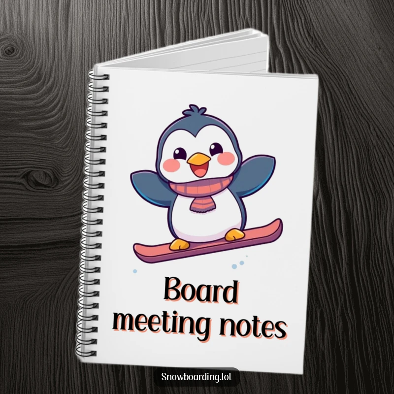 Funny joyful penguin with a snowboard captured on a notebook cover, inspiring notes with winter action.