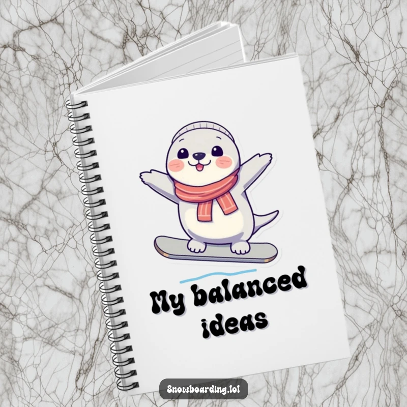 Funny Seal Snowboard Notebook, ideal for planning, featuring a cheerful character in a stable balance on a snowboard.