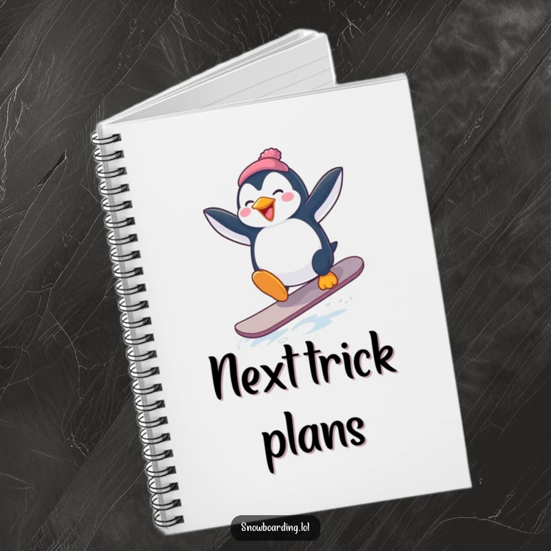 Funny Penguin Snowboard Notebook: A penguin attempting a snowboard jump with flailing arms, capturing playful winter energy.