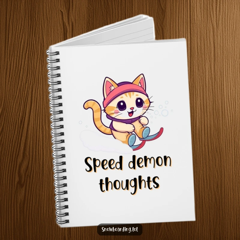 Funny cat snow zoomie notebook featuring a cat zooming downhill, ideal for note-taking with a humorous and energetic flair.