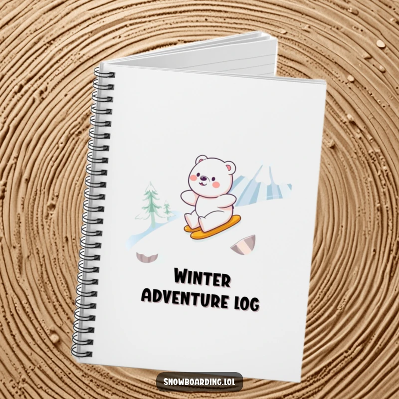 Funny notebook with a happy bear smoothly snowboarding down a snowy mountain, perfect for writing down winter ideas.