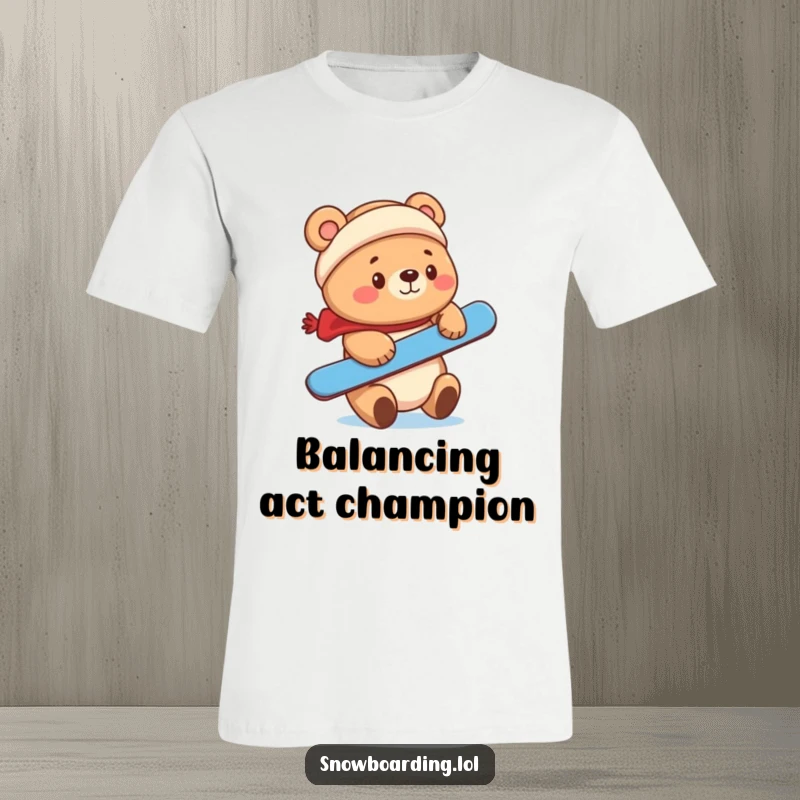 Funny cute bear balancing a snowboard on its nose on a t-shirt.