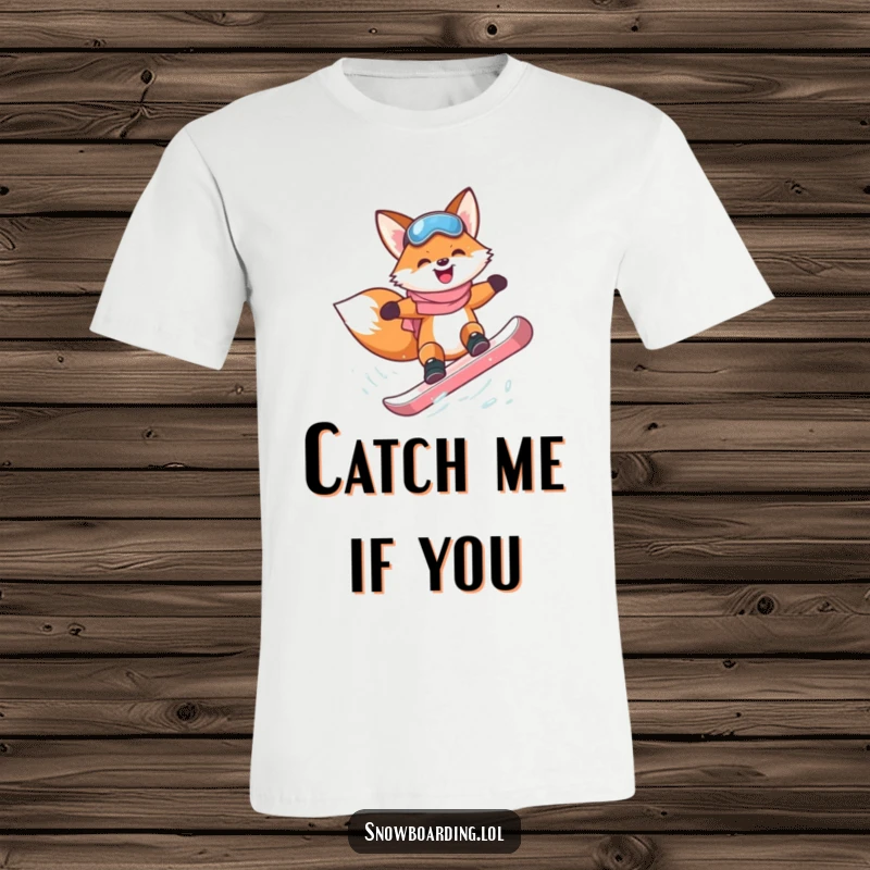 Funny happy fox attempting a flip on a snowboard, featured on a t-shirt.