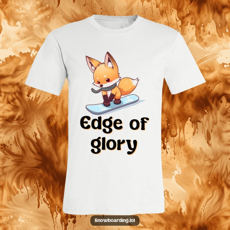 Funny curious fox testing its snowboard edge, a humorous graphic tee for cautious winter sports enthusiasts.