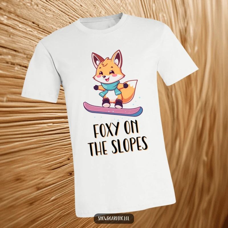 Funny t-shirt depicting a smiling fox executing a hilarious, playful jump on a snowboard with an energetic and joyful attitude.