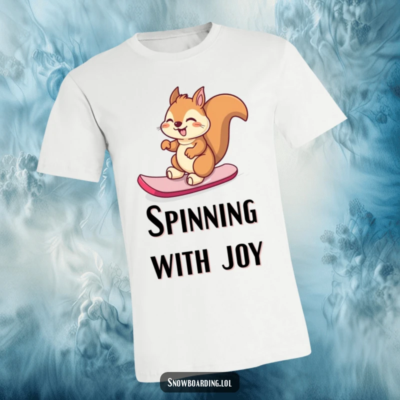 Funny giggling squirrel spinning wildly on its snowboard, a humorous graphic tee for winter sports enthusiasts.