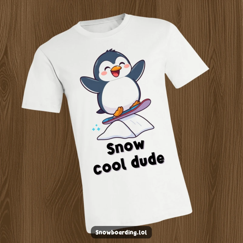 Funny t-shirt with a joyful penguin executing a snowboard jump off a ramp, embodying extreme winter sports fun.