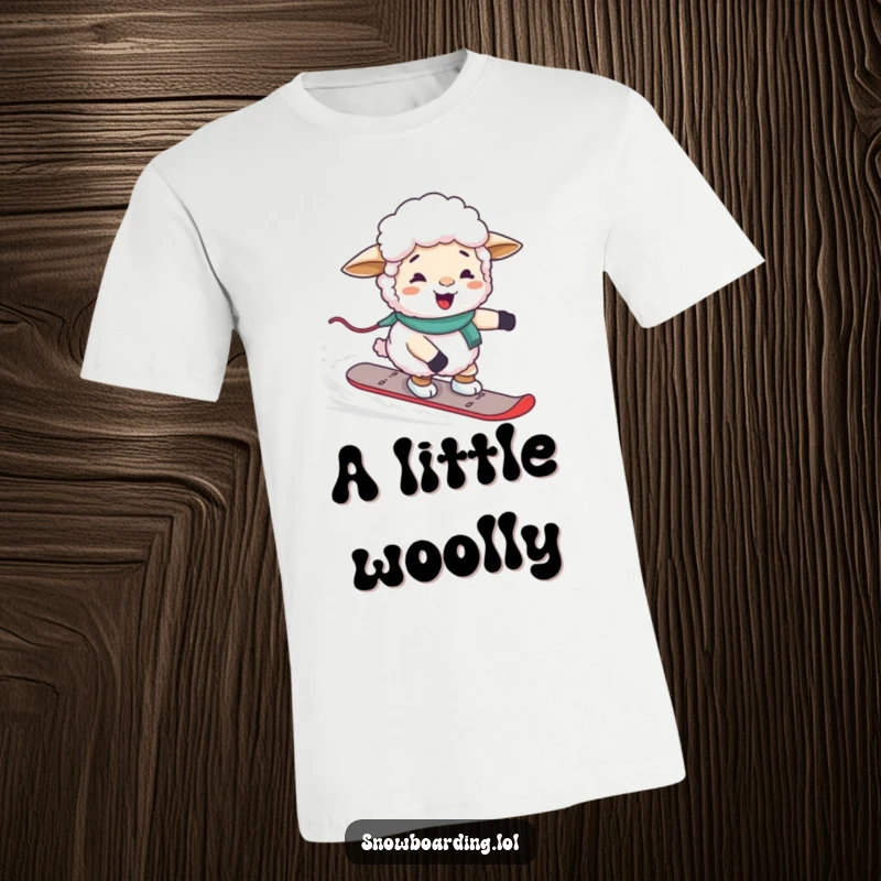 Funny giggling sheep struggling to steer a snowboard, looking awkward and amused on a t-shirt.
