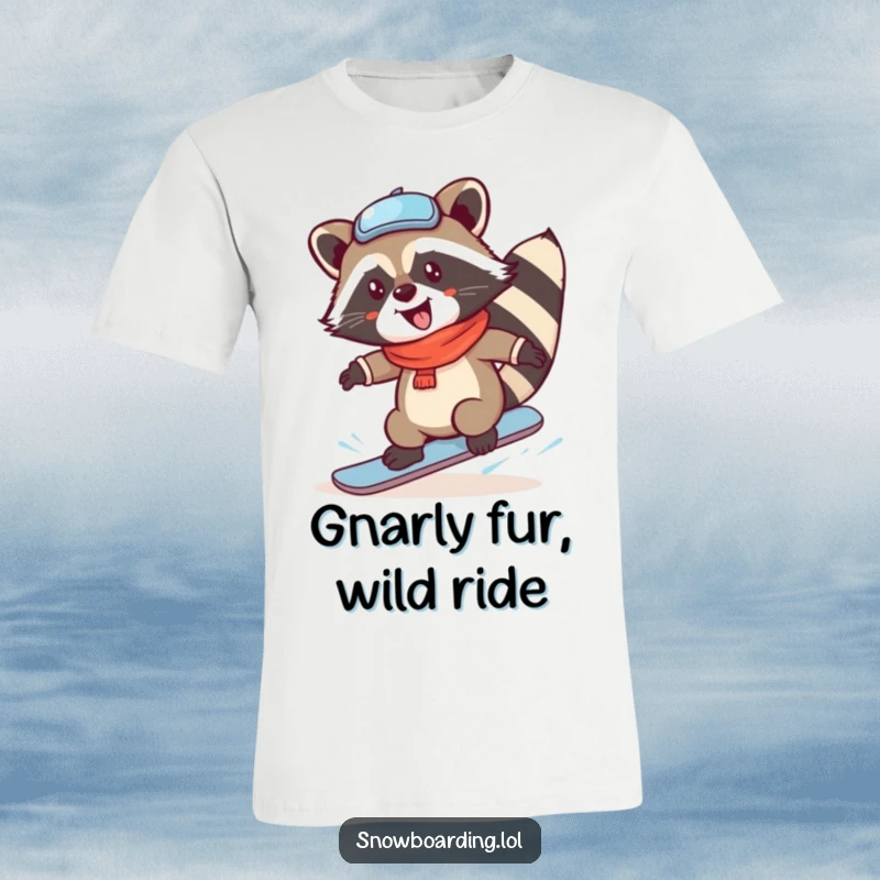 Funny Raccoon T-Shirt in a dynamic snowboard spin, radiating pure joy and capturing the exhilarating spirit of winter sports.
