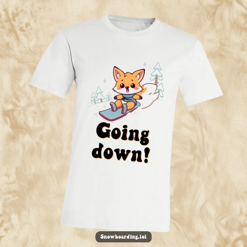 Funny fox t-shirt, a surprised animal comically tumbling headfirst down a snowy mountain on a snowboard. Captures a hilarious moment.