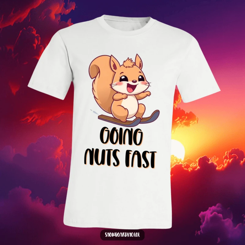 Funny t-shirt featuring a happy squirrel with eyes wide, thrilled as it races downhill. Perfect for active people.