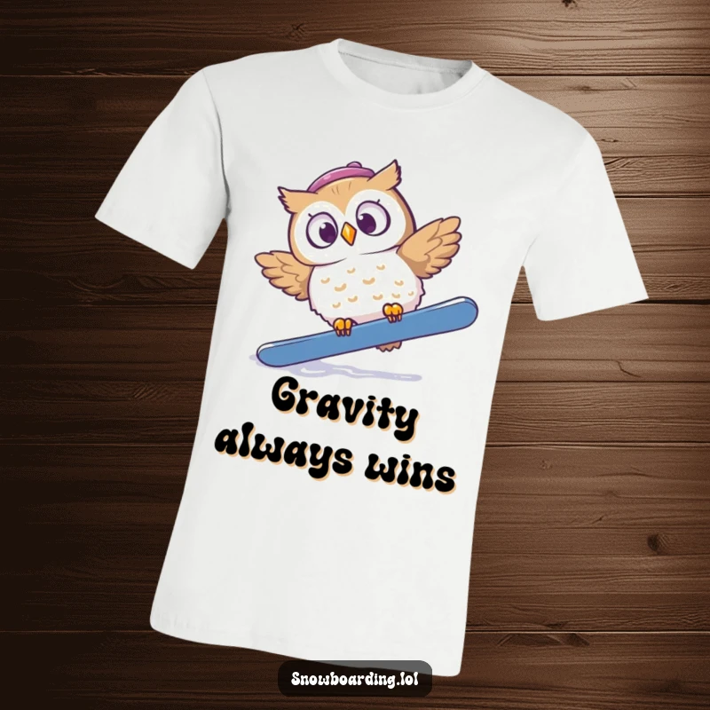 Funny t-shirt with a startled owl falling off a snowboard, wide-eyed and looking hilariously surprised.