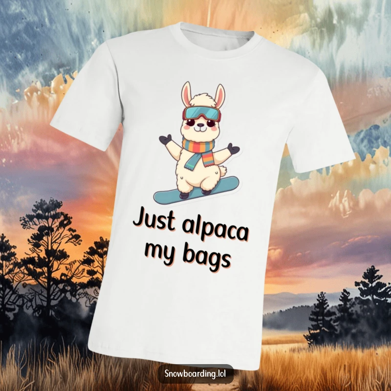 Funny Llama Snowboarder T-Shirt: A happy llama confidently posing on a snowboard, ready to hit the snowy slopes with style.