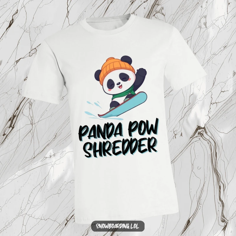 Funny panda snowboard t-shirt featuring a cute panda attempting a daring flip on a snowboard, designed for maximum humor and winter fun.