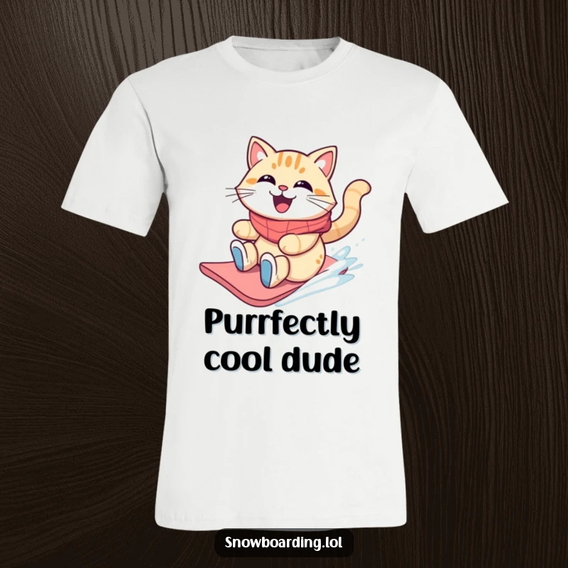 Funny grinning cat sliding on a snowboard with windblown fur on a t-shirt.