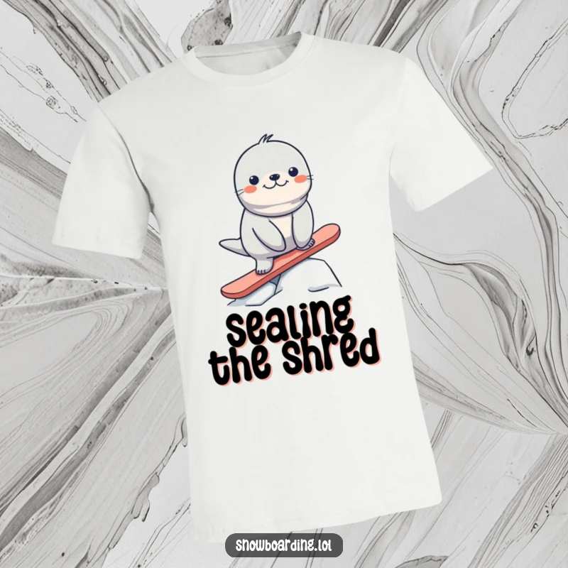 Funny seal in mid-air on a snowboard, looking determined yet wobbly, a hilarious winter sports tee.