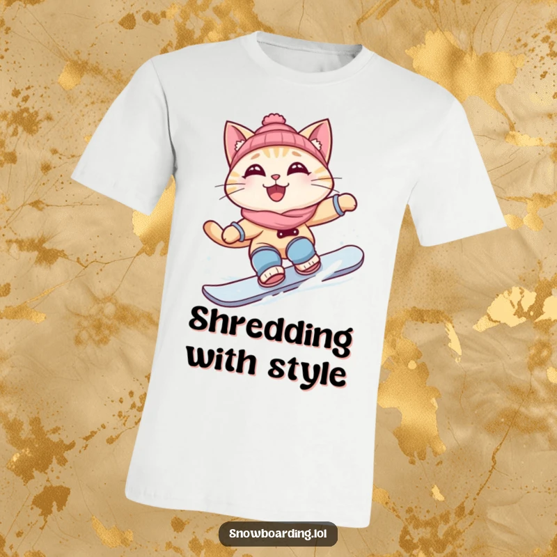 Funny t-shirt with a curious cat grinning while making a sharp turn on a snowboard, embodying cool rider vibes.