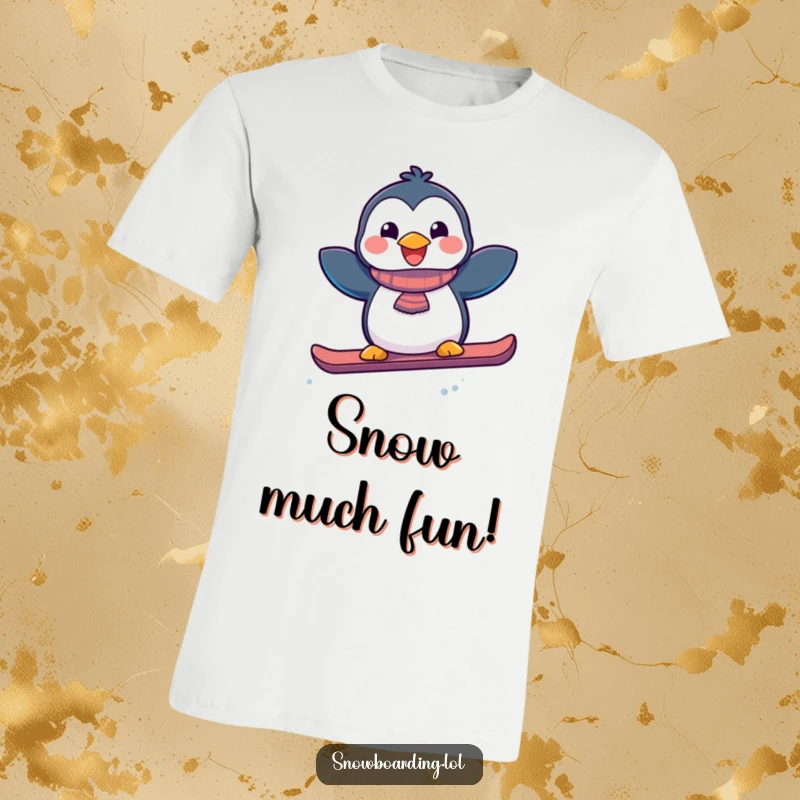 Funny joyful penguin in a playful snowboard jump, capturing the excitement of winter sports in a graphic tee.