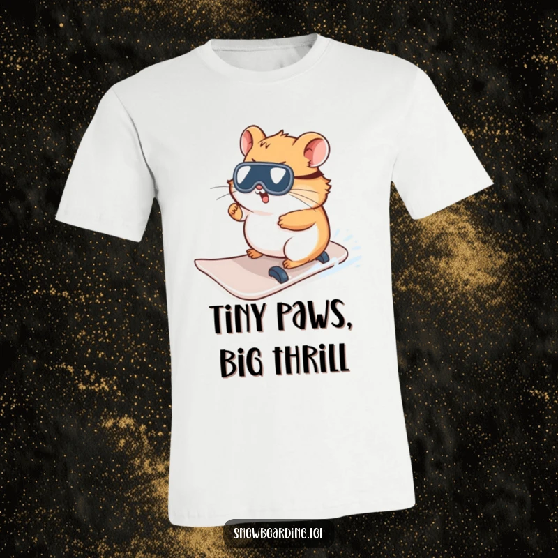 Funny Hamster T-Shirt, depicted as a curious snowboarder trying to steer, adding a touch of quirky winter fun.
