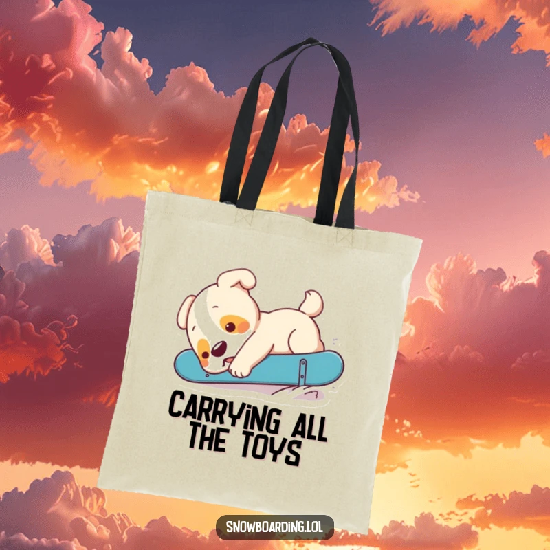 Funny puppy mid-tumble on a snowboard, a charmingly hilarious tote bag for carrying essentials.