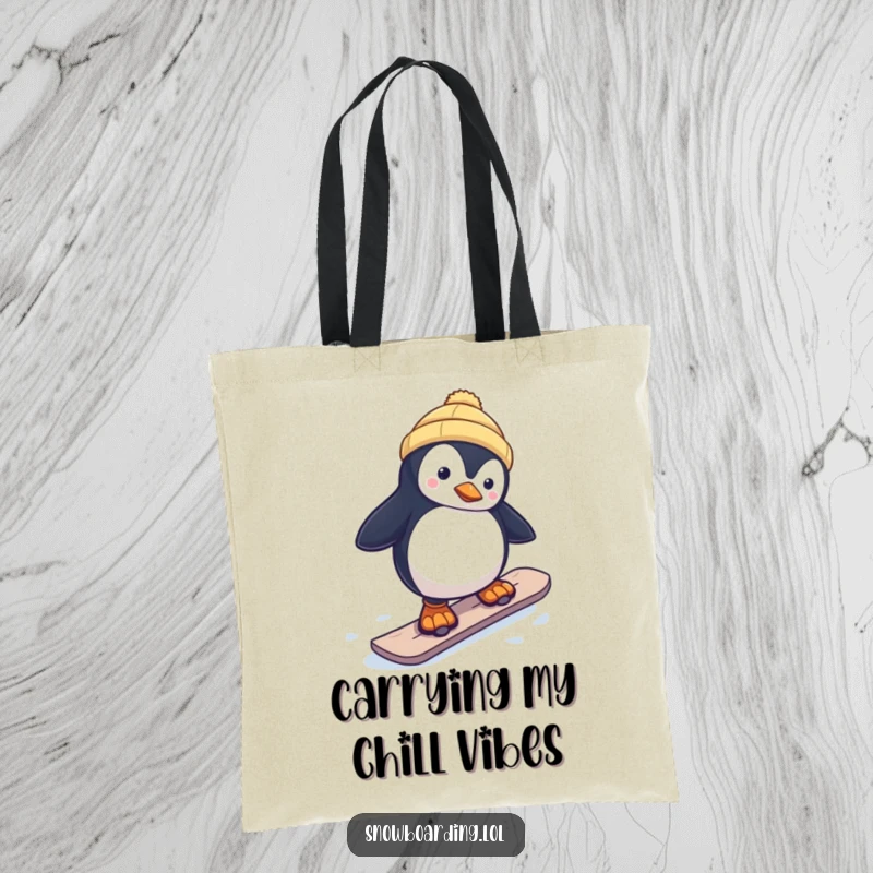 Funny tote bag with a curious penguin wobbling on a snowboard, a practical accessory for carrying essentials with a dose of humor.