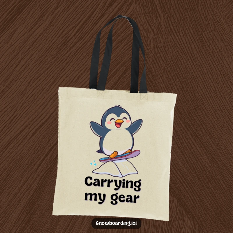 Funny tote bag with a joyful penguin snowboarding off a ramp, great for carrying gear or daily essentials.