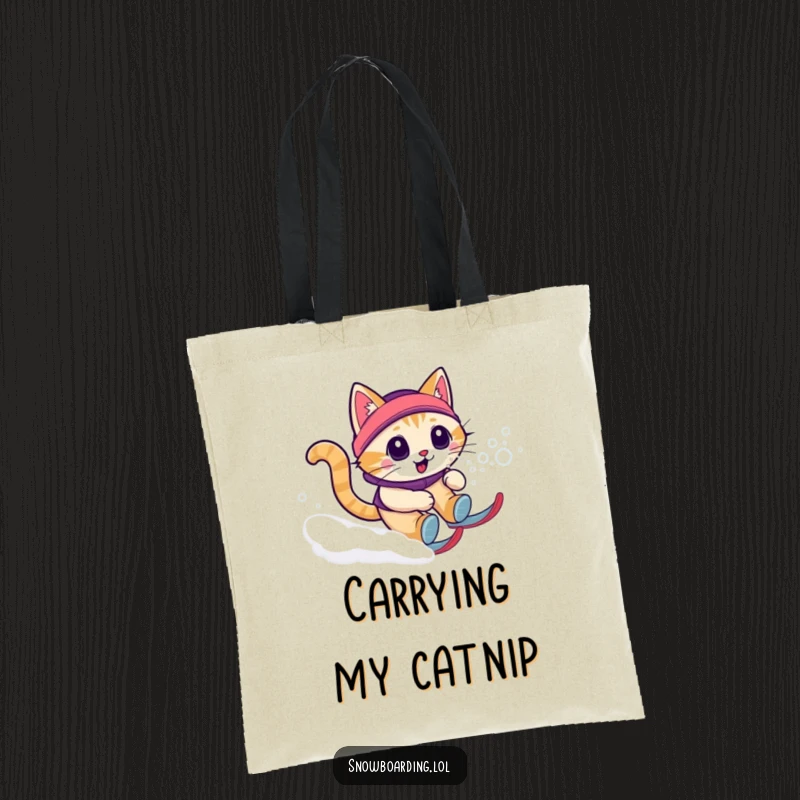 Funny cat snow zoomie tote bag showing a cat in full zoomie mode down a snowy hill, great for carrying supplies.
