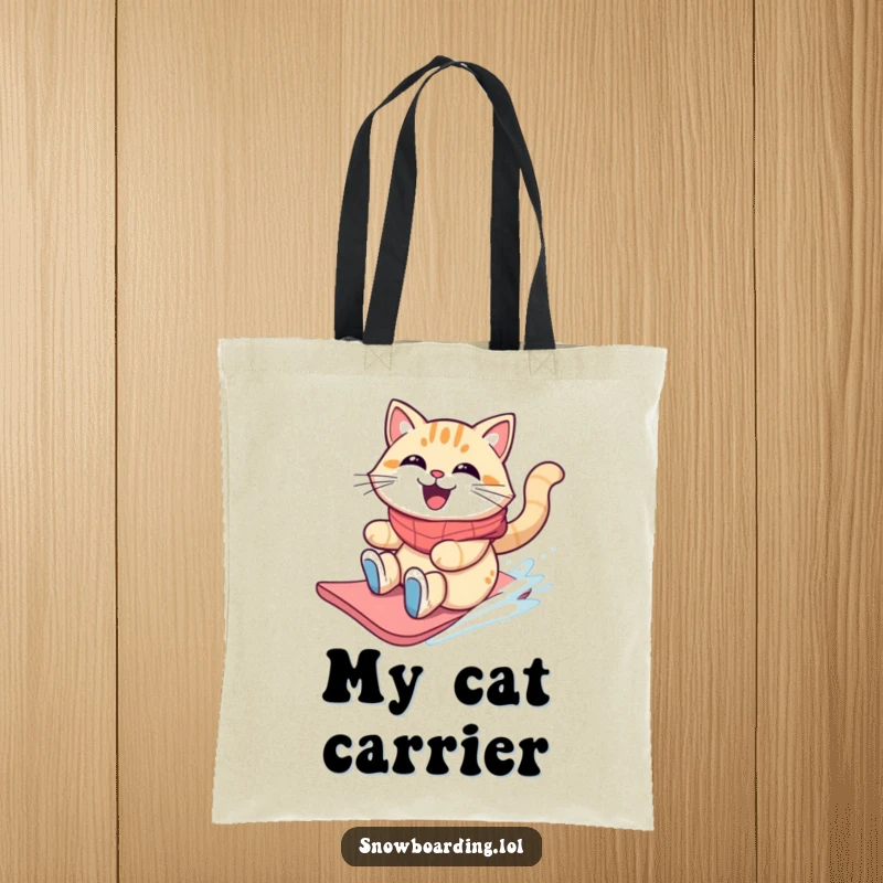 Funny grinning cat sliding on a snowboard with windblown fur on a tote bag.
