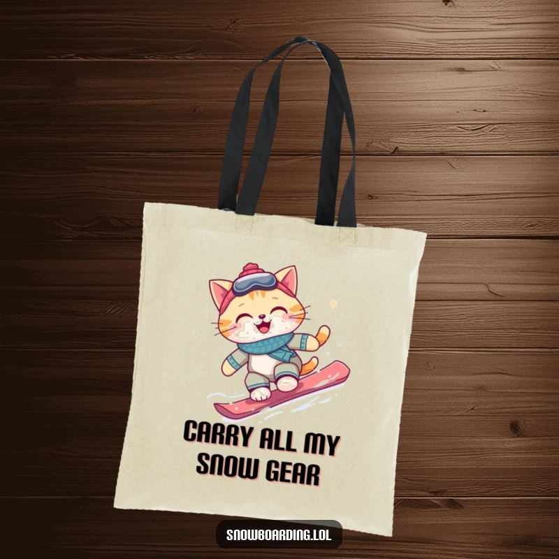 Funny snowboarding cat tote bag, depicting a smiling cat gleefully riding a snowboard down a snowy mountain path.