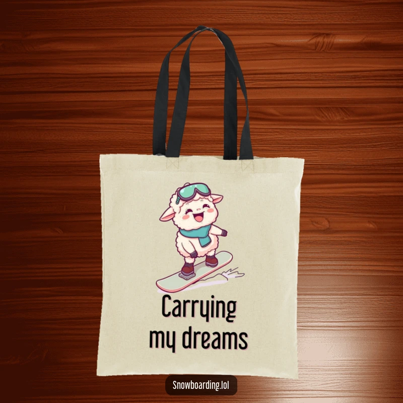 Funny tote bag showing a sheep mid-fall while snowboarding, with a look of pure giggling delight. Perfect for shoppers.